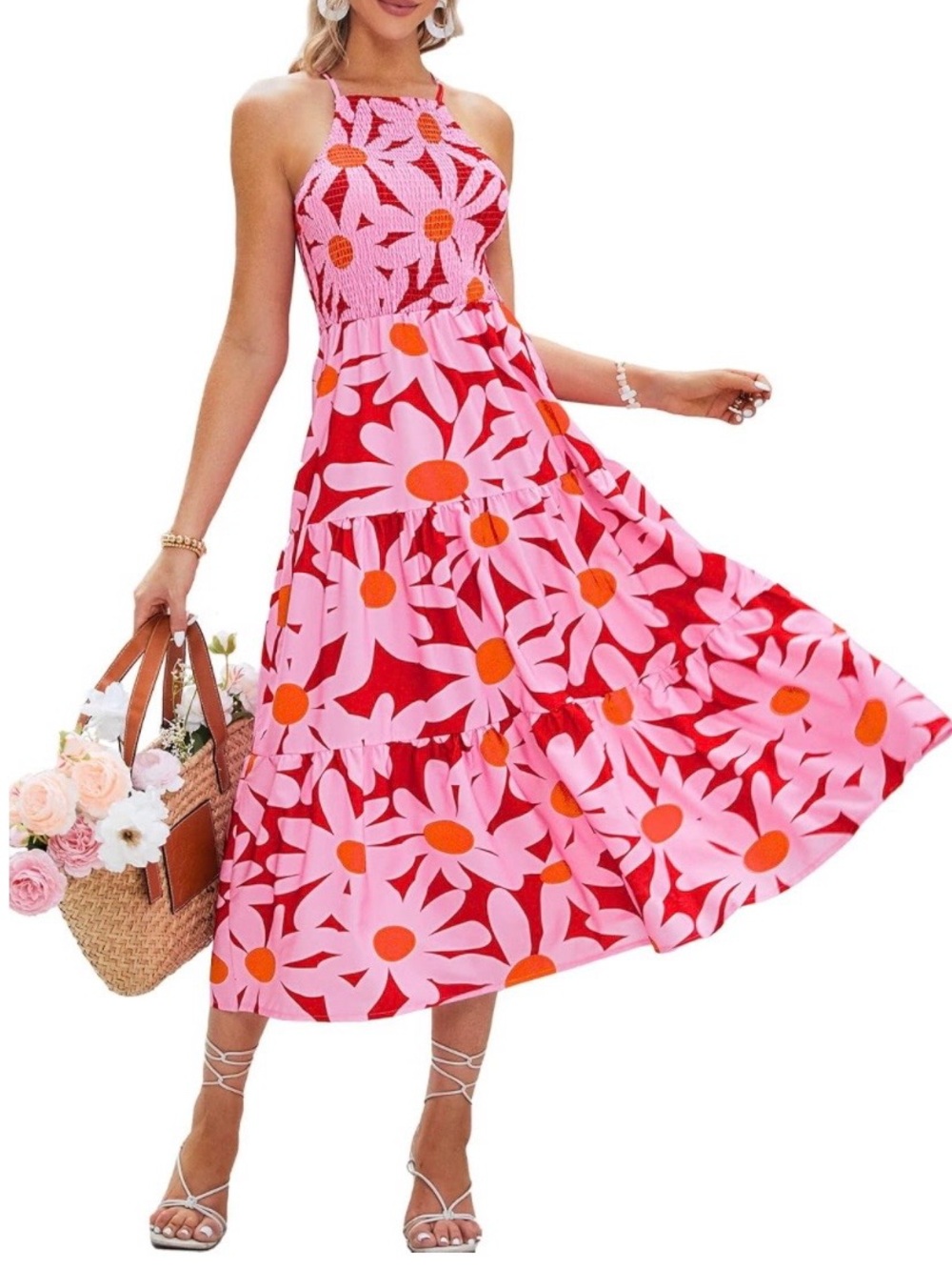 Floral Pink & Orange Halter Midi Dress - Smocked Bodice (M)